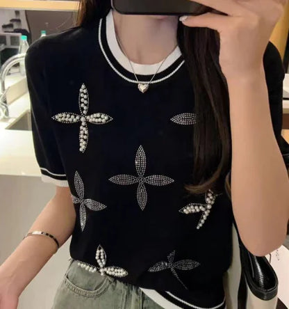 White Knit Short Sleeve Top with Small Fragrance (One Piece)